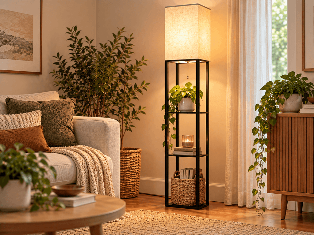 SHINE HAI floor lamp with three storage shelves and beige shade styled beside a sofa in a small living room.