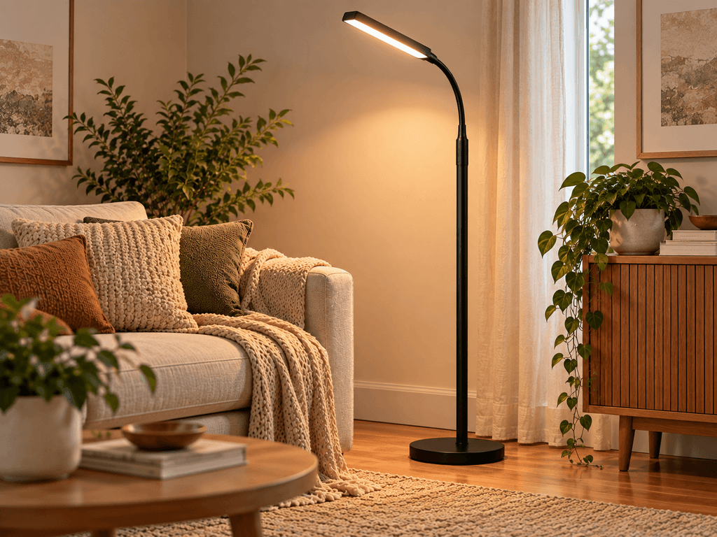 Wio-Mio adjustable black LED reading floor lamp with flexible gooseneck positioned beside a sofa in a small living room.