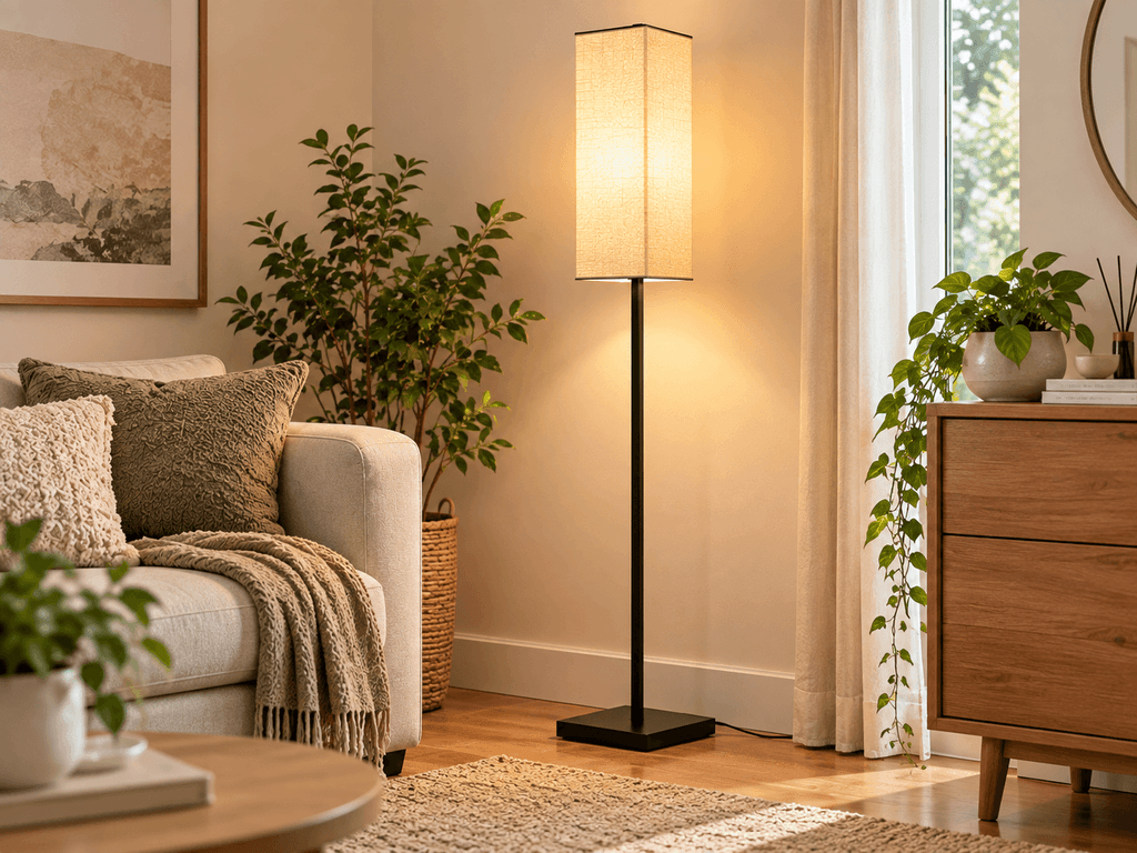 GOEBLESON slim black floor lamp with rectangular beige linen shade tucked beside a sofa in a small living room.