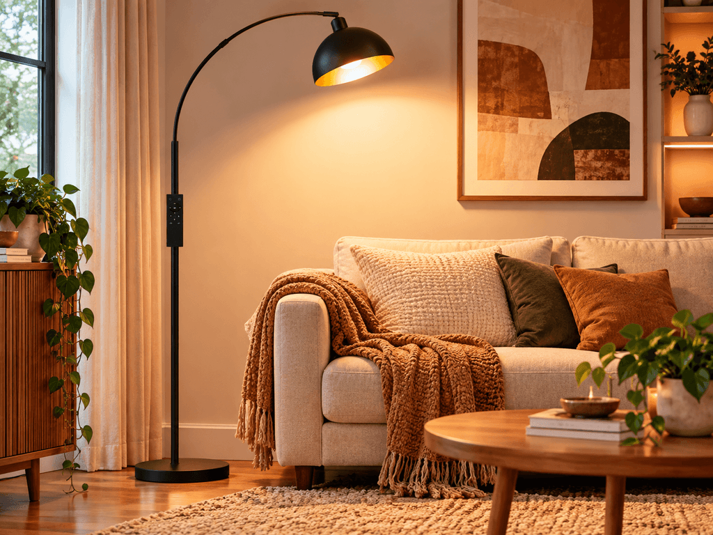 VenzBlomia black arc floor lamp extending over a sofa in a small living room.