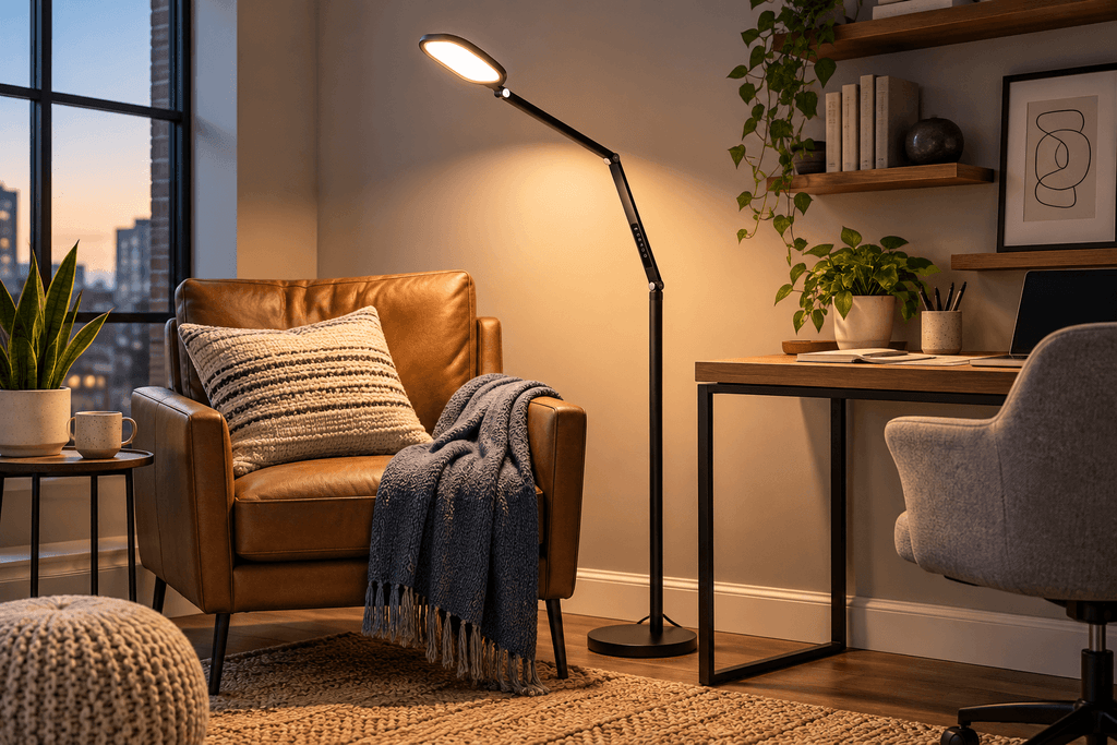 LitONES black eye-care LED reading floor lamp with adjustable articulated arm beside a leather reading chair in a compact home office.