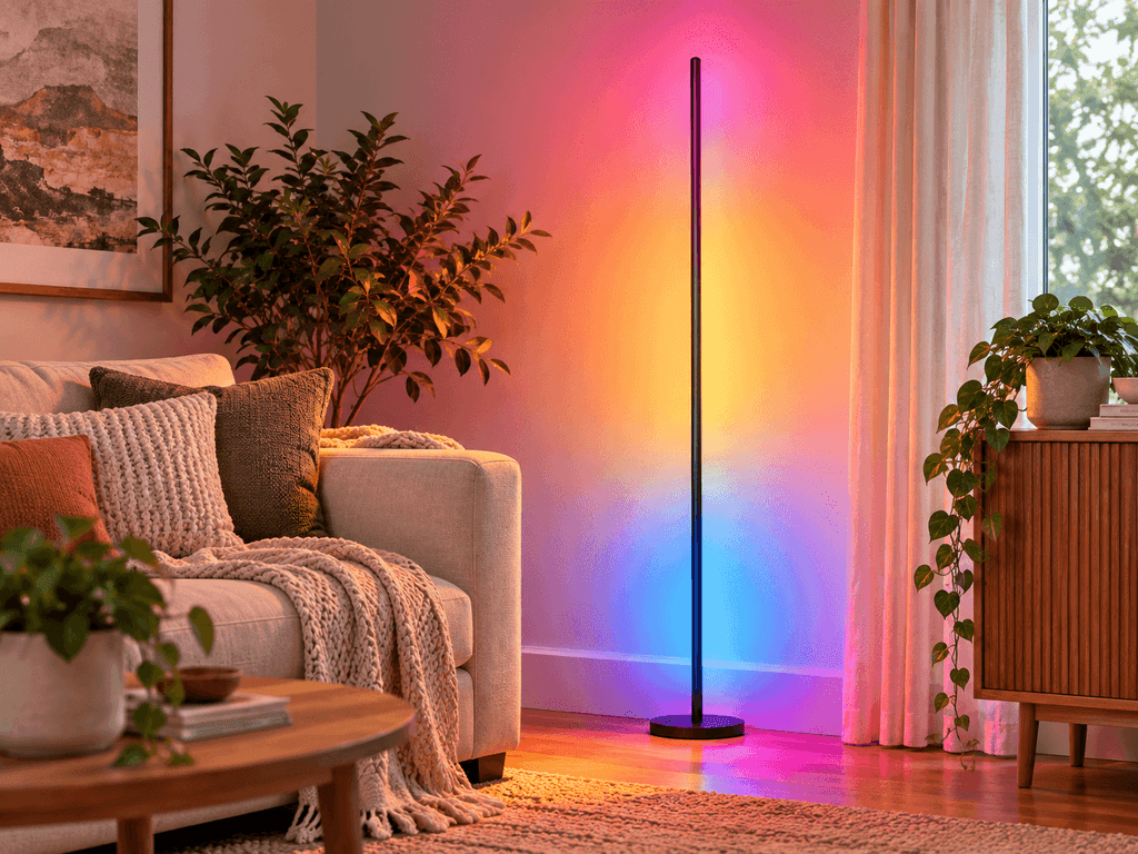 Govee RGBIC slim black smart floor lamp casting customizable multicolor ambient light from the corner of a small living room.