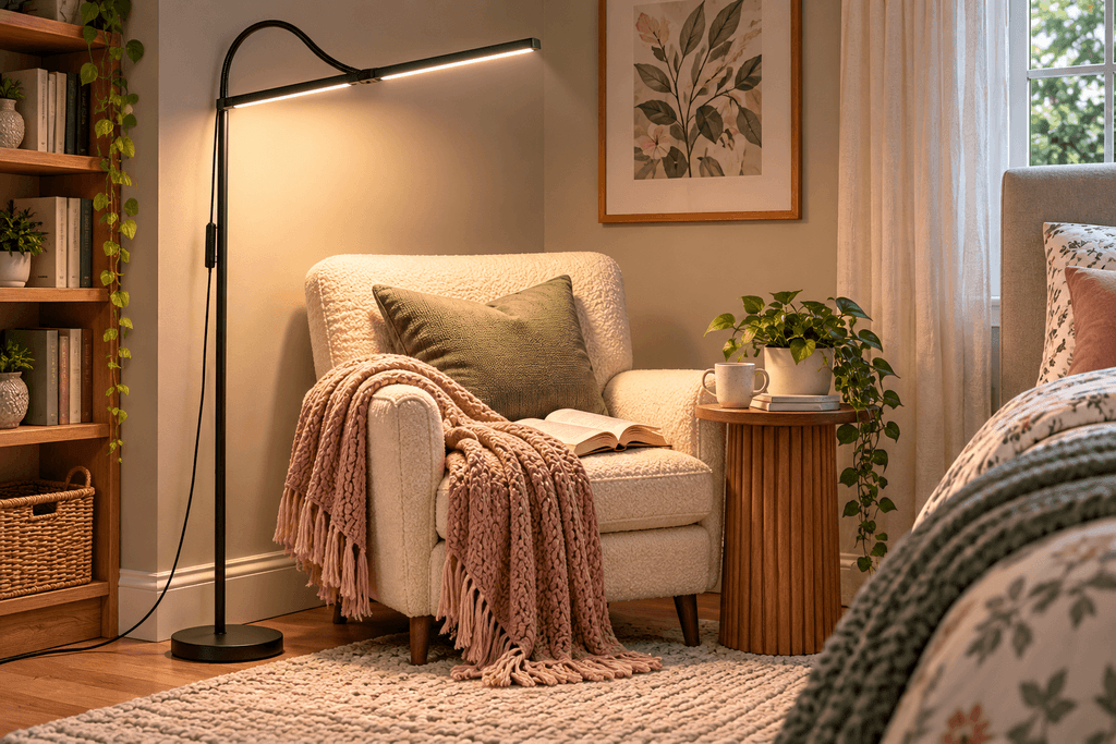 Seaside Village black double-head LED reading floor lamp with adjustable gooseneck beside a reading chair in a small space.