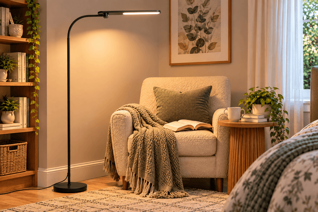 Honeywell F4 black LED reading floor lamp with a slim curved pole and horizontal light bar beside a reading chair in a small space.