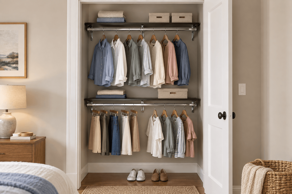 Espresso double shelf-hang closet system styled with shirts, skirts, folded clothes and storage boxes in a small reach-in closet.