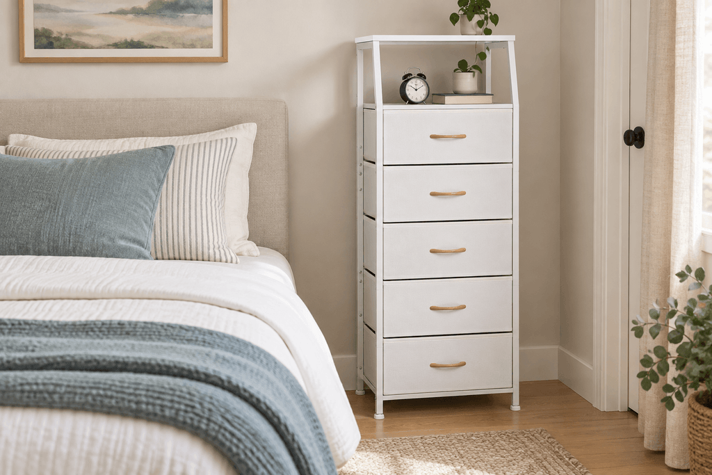 White Furnulem five-drawer narrow dresser styled beside a bed in a small neutral bedroom.