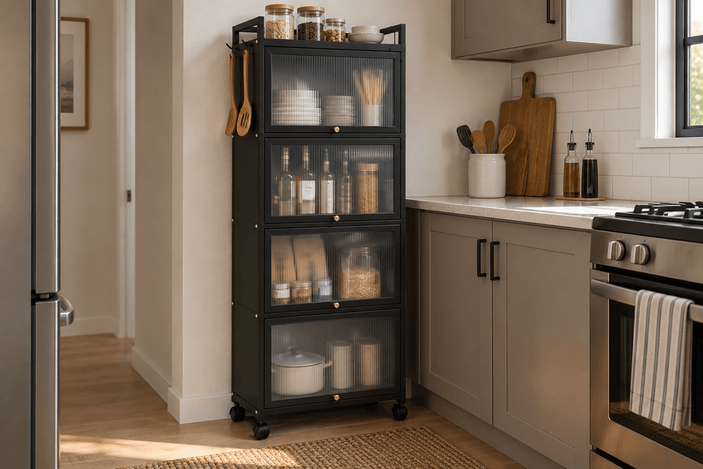 Black GIANTEX five-tier rolling storage cabinet with four translucent doors in a small kitchen.
