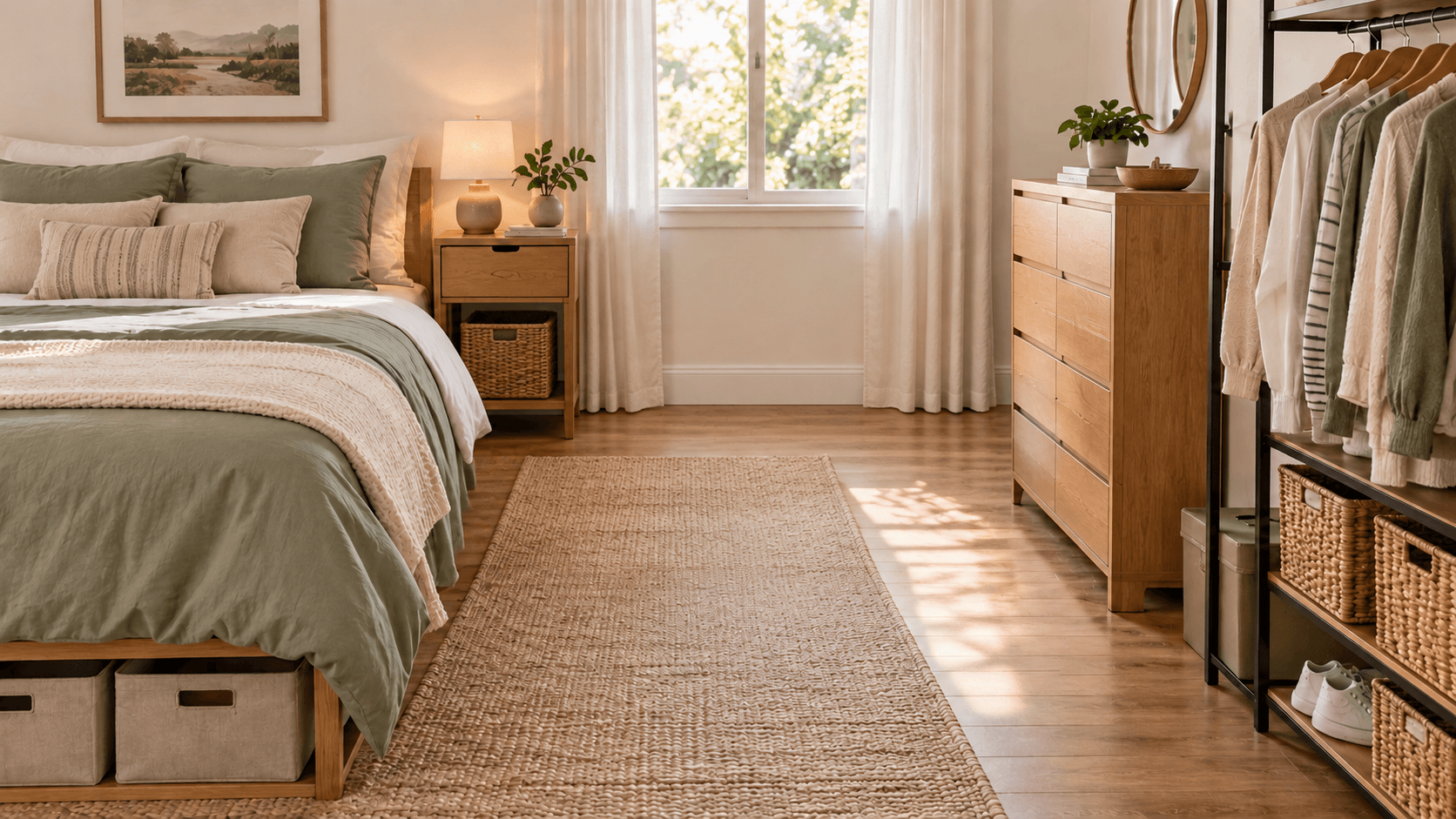 Organized small bedroom with under-bed storage, a narrow dresser, open clothing rack and clear walking space.
