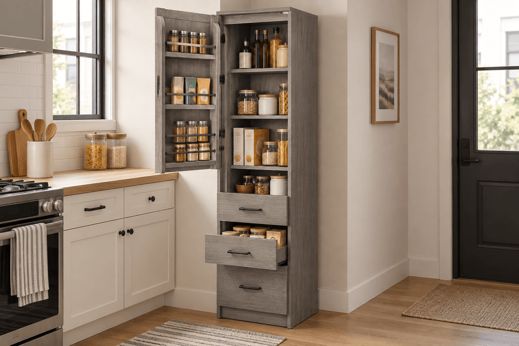 Gray Itaar narrow pantry cabinet with door shelves and three drawers in a compact kitchen.