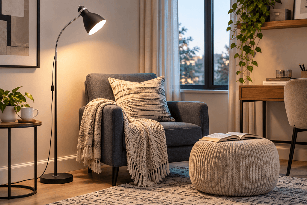 t: LEPOWER black metal reading floor lamp with adjustable gooseneck and cone shade beside a charcoal reading chair in a compact living space.