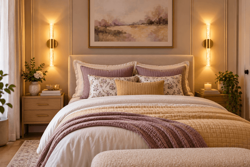 Pair of gold peel-and-stick rechargeable wall sconces with clear textured light tubes mounted beside a bed, casting warm light in a cozy bedroom with mauve and mustard bedding.