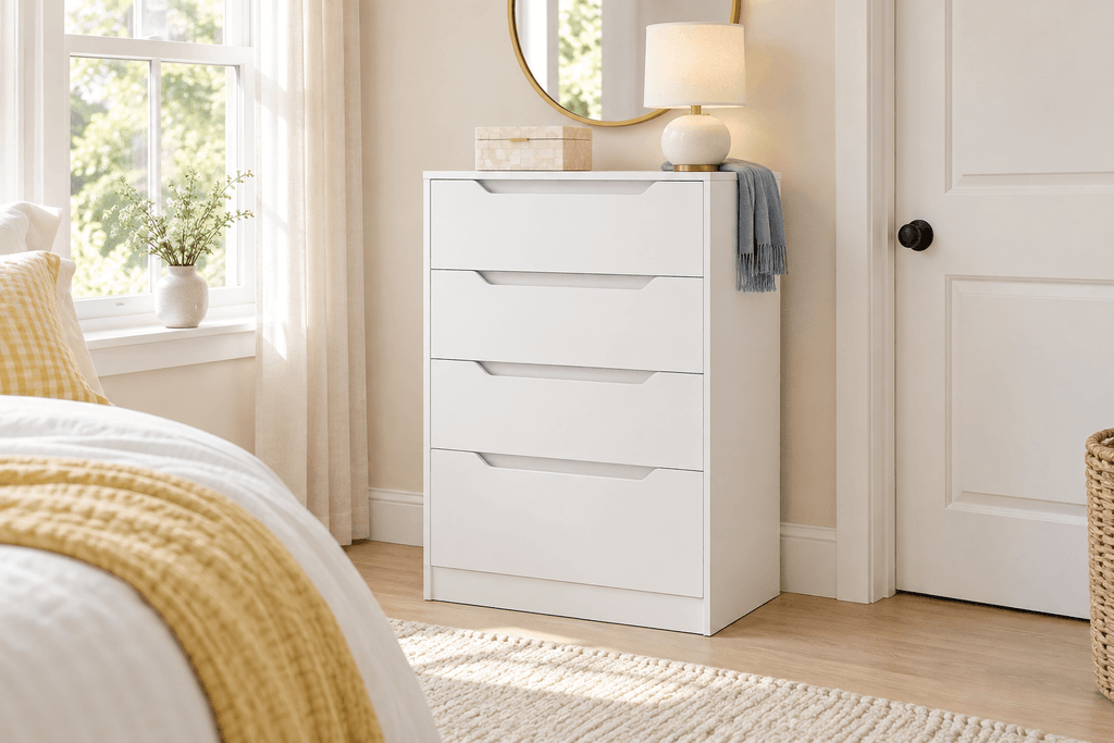 White HOSTACK four-drawer narrow dresser with recessed cutout handles styled in a bright small bedroom.