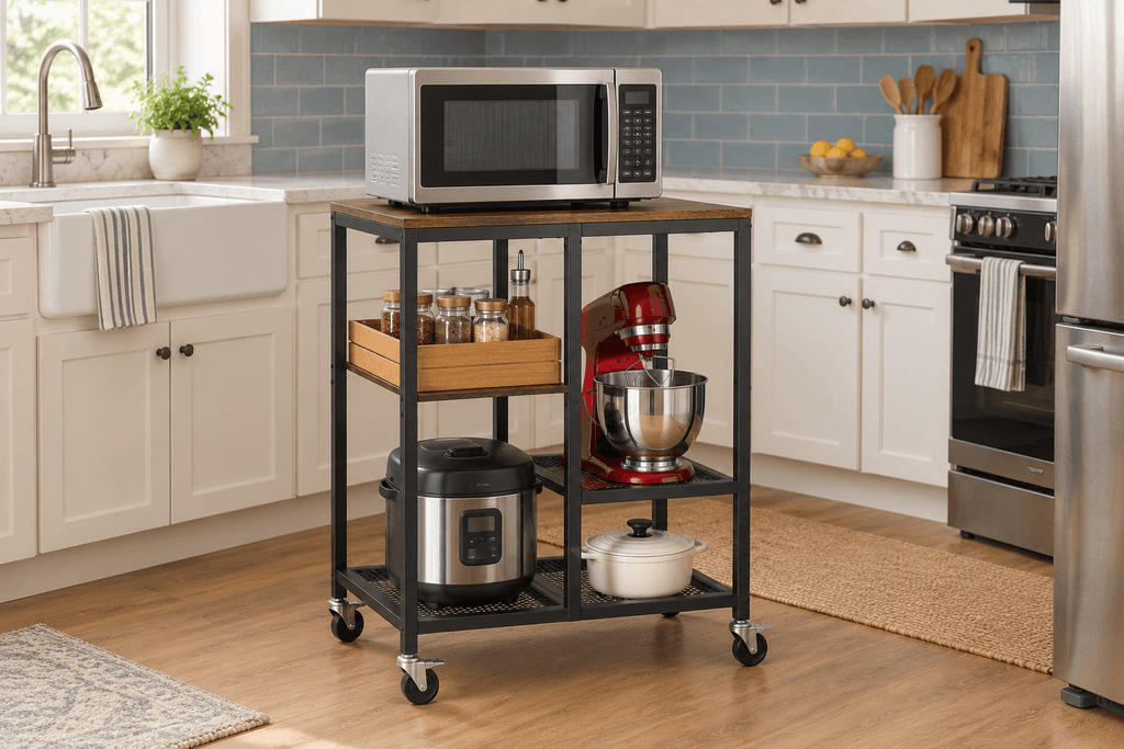 OGEMXU four-tier rolling microwave cart with staggered shelves, a dark wood top and black metal frame in a small kitchen.