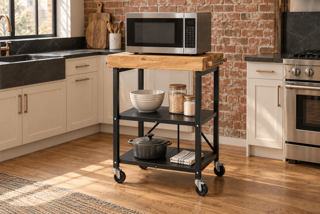 Origami RBT folding kitchen cart with a butcher-block top, black split-panel shelves and caster wheels holding a microwave in a small kitchen.