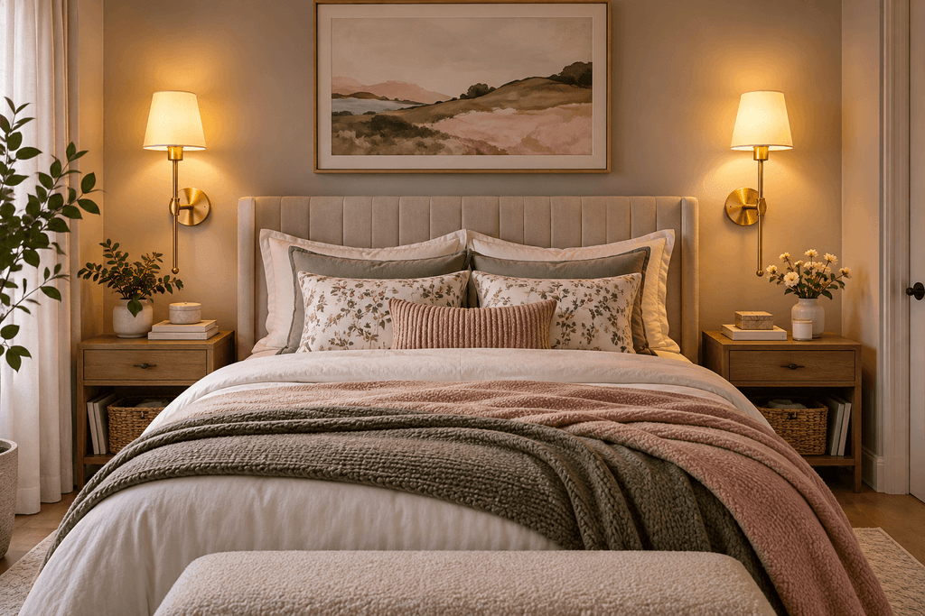Pair of gold battery-operated wall sconces with cream fabric shades mounted beside a bed, providing warm bedside lighting in a cozy small bedroom.