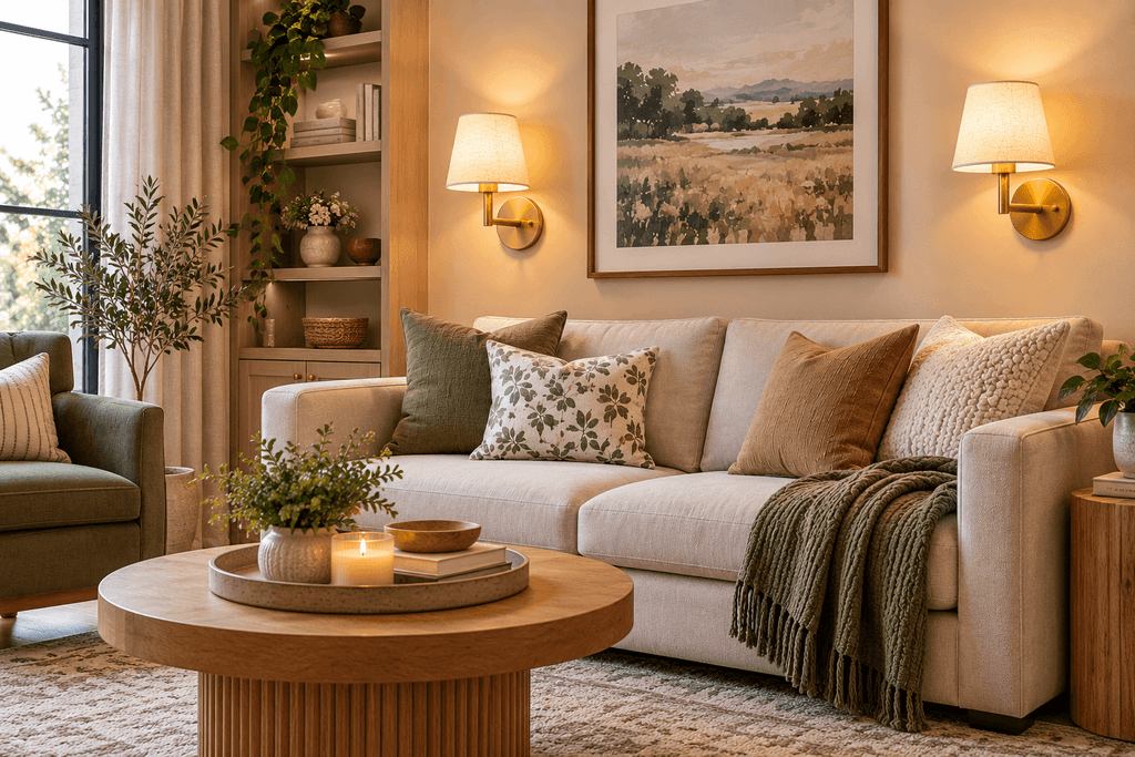 Pair of gold peel-and-stick battery-operated wall sconces with cream fabric shades mounted beside framed artwork above a cream sofa in a cozy living room.