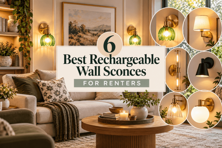 Hero image for 6 Best Rechargeable Wall Sconces for Renters, showing six wireless wall sconce styles in a warm, cozy living room, including gold, green glass, fabric-shade and tubular designs.