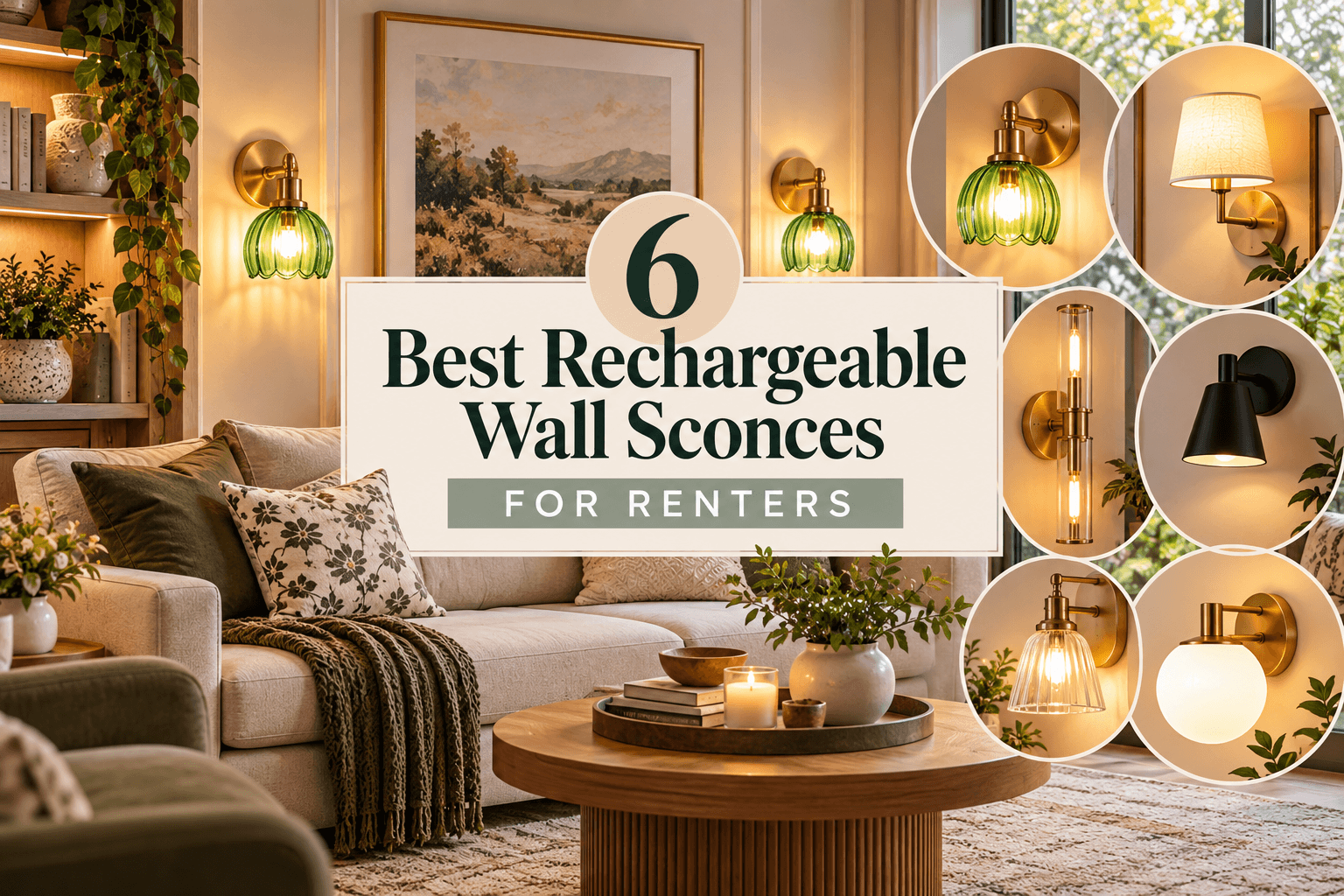 Hero image for 6 Best Rechargeable Wall Sconces for Renters, showing six wireless wall sconce styles in a warm, cozy living room, including gold, green glass, fabric-shade and tubular designs.