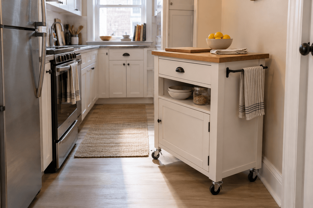 Compact rolling kitchen island with storage and a wood worktop in a narrow apartment kitchen.