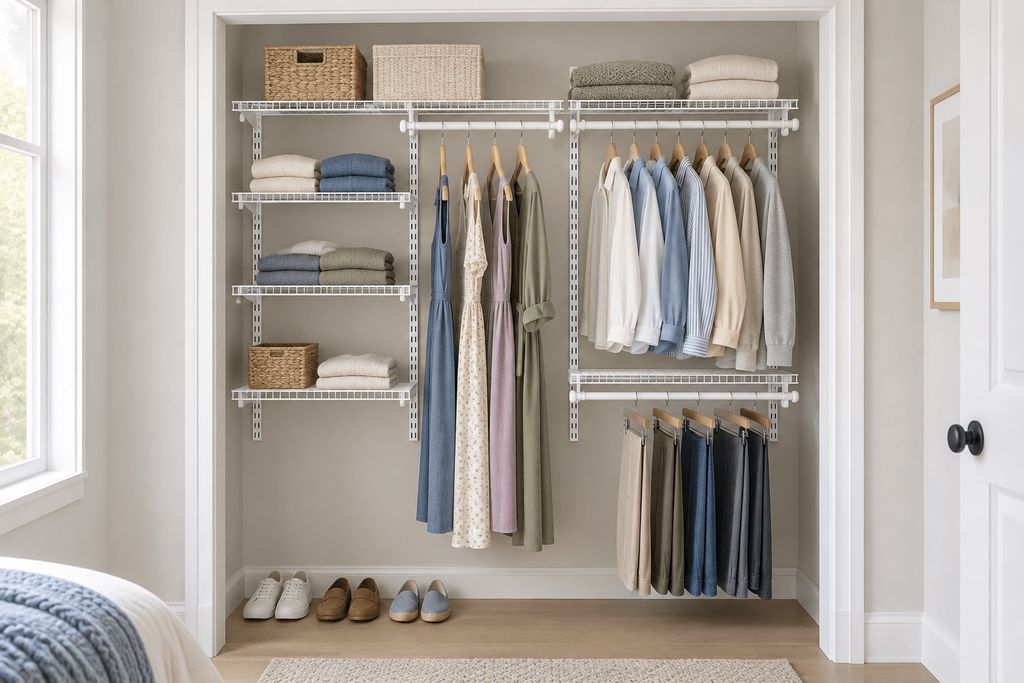 White Rubbermaid adjustable closet system with wire shelves, long-garment storage and double hanging rods in a small reach-in closet.