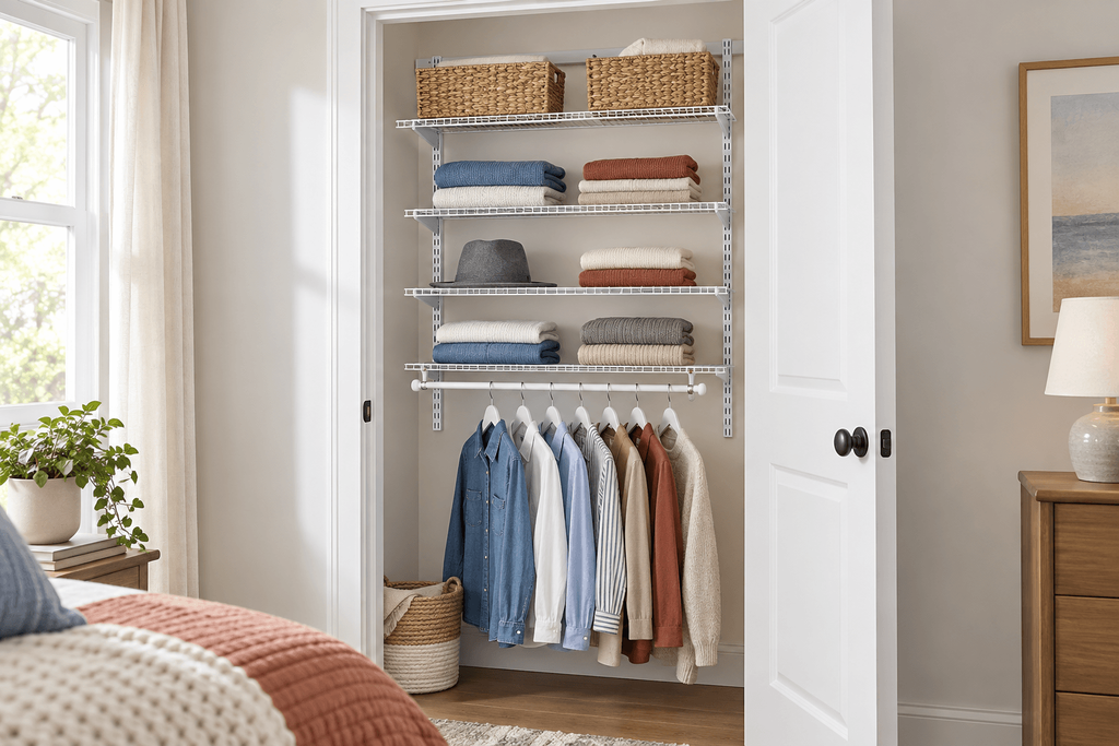Rubbermaid adjustable wire closet system styled with folded sweaters, baskets and hanging clothes in a small reach-in bedroom closet.