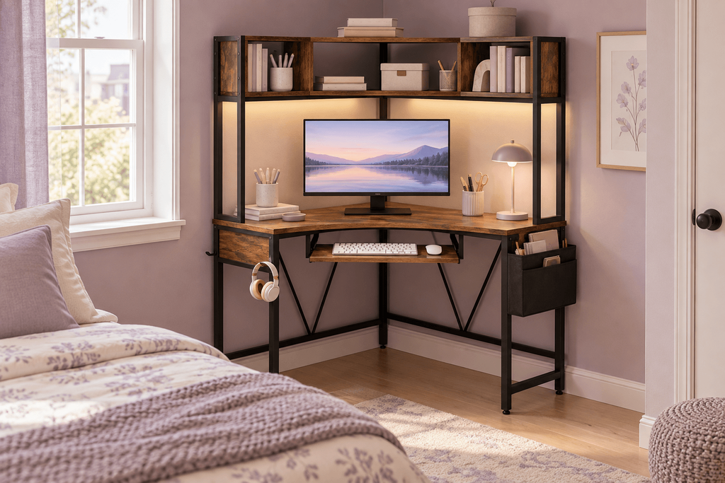 Rustic brown SEDETA corner desk with a storage hutch and pull-out keyboard tray in a small lilac bedroom.