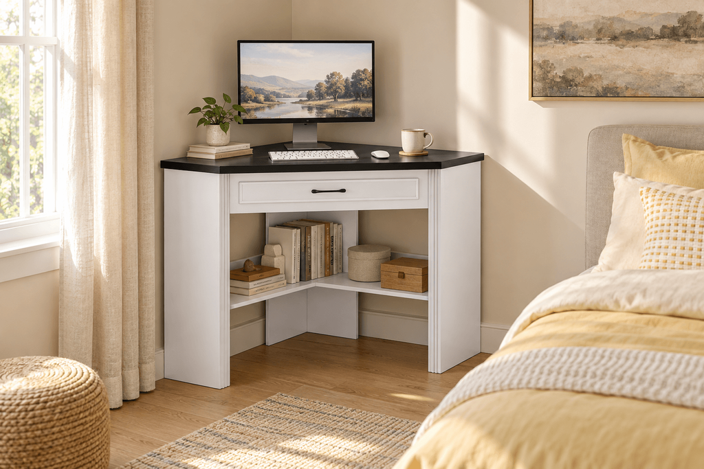 White SEDETA farmhouse corner desk with a black triangular desktop, central drawer and lower storage shelves beside a bed.
