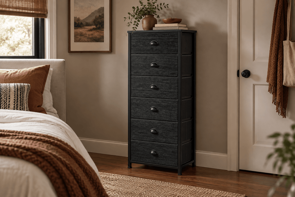Black Furnulem six-drawer narrow dresser styled beside a bed in a warm, compact bedroom.