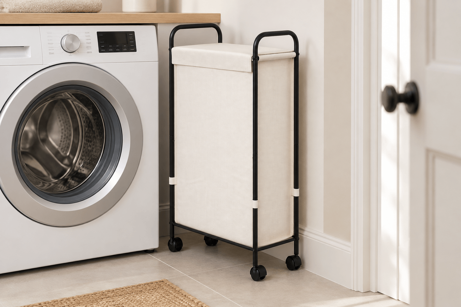 Cream ELYKEN slim rolling laundry hamper positioned beside a washing machine in a compact laundry room.