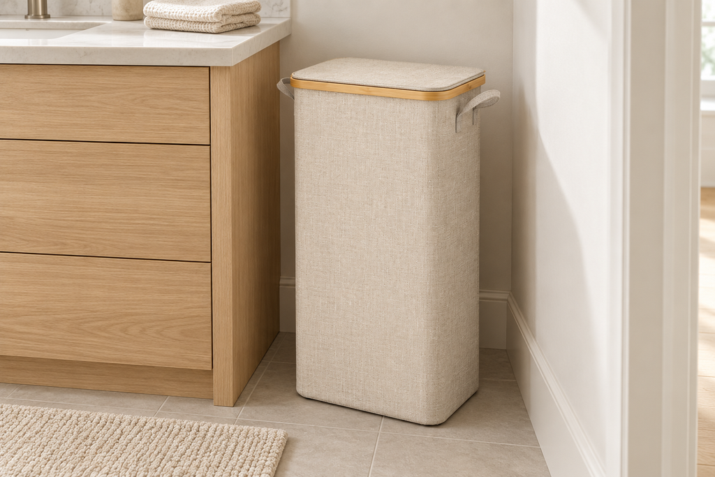 Beige Lifewit slim laundry hamper with bamboo trim and a closed lid beside a bathroom vanity.