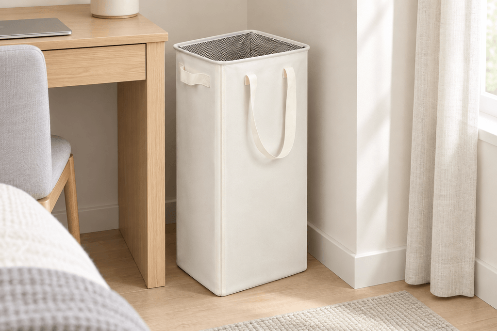 Cream efluky open slim laundry hamper placed beside a desk in a compact bedroom.