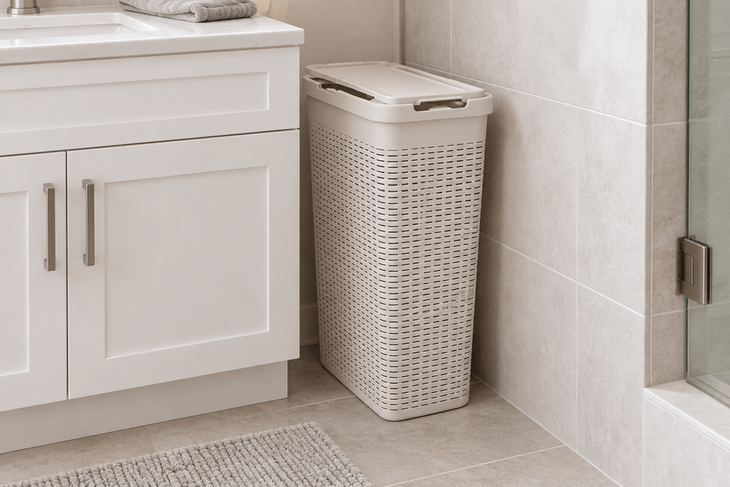 Ivory Mind Reader ventilated plastic laundry hamper fitted beside a bathroom vanity in a compact bathroom.