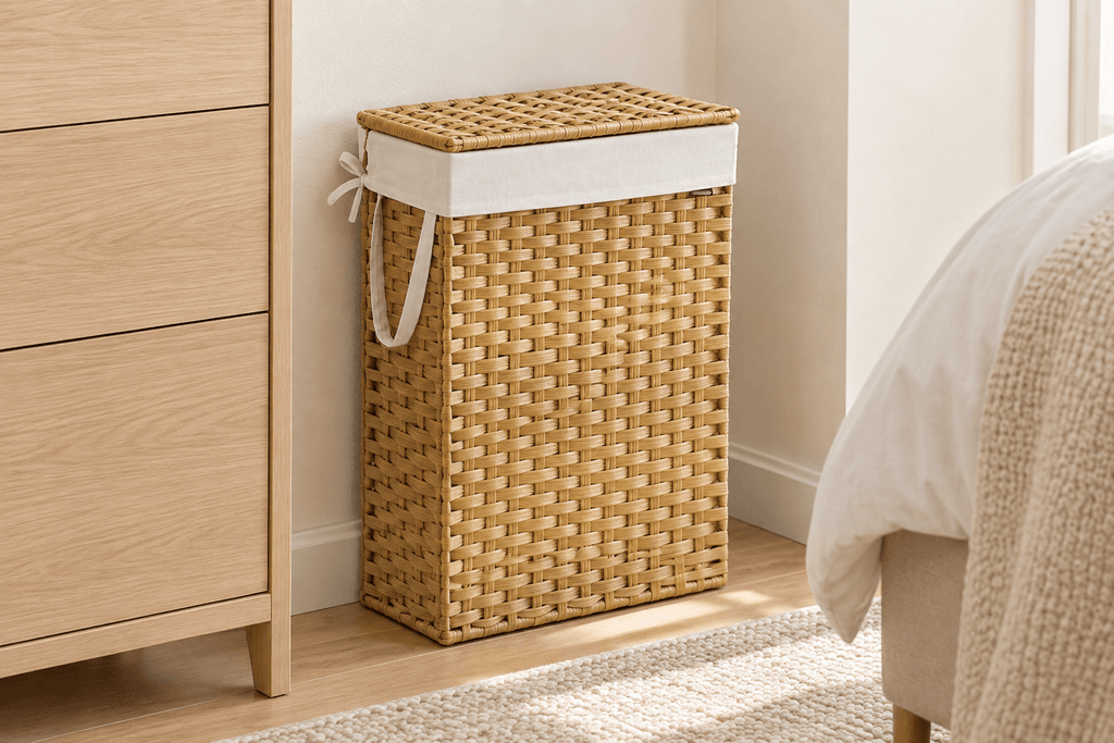 SONGMICS woven slim laundry hamper with a closed lid beside a dresser in a small bedroom.