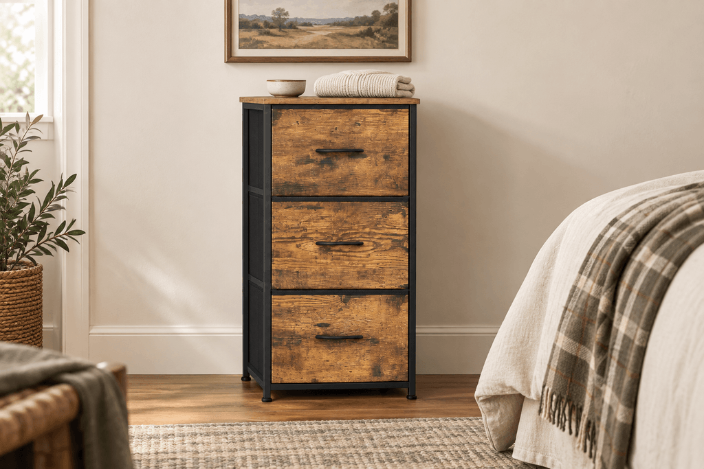 Narrow SONGMICS BELLAH three-drawer dresser with rustic wood-look fronts styled in a compact bedroom.