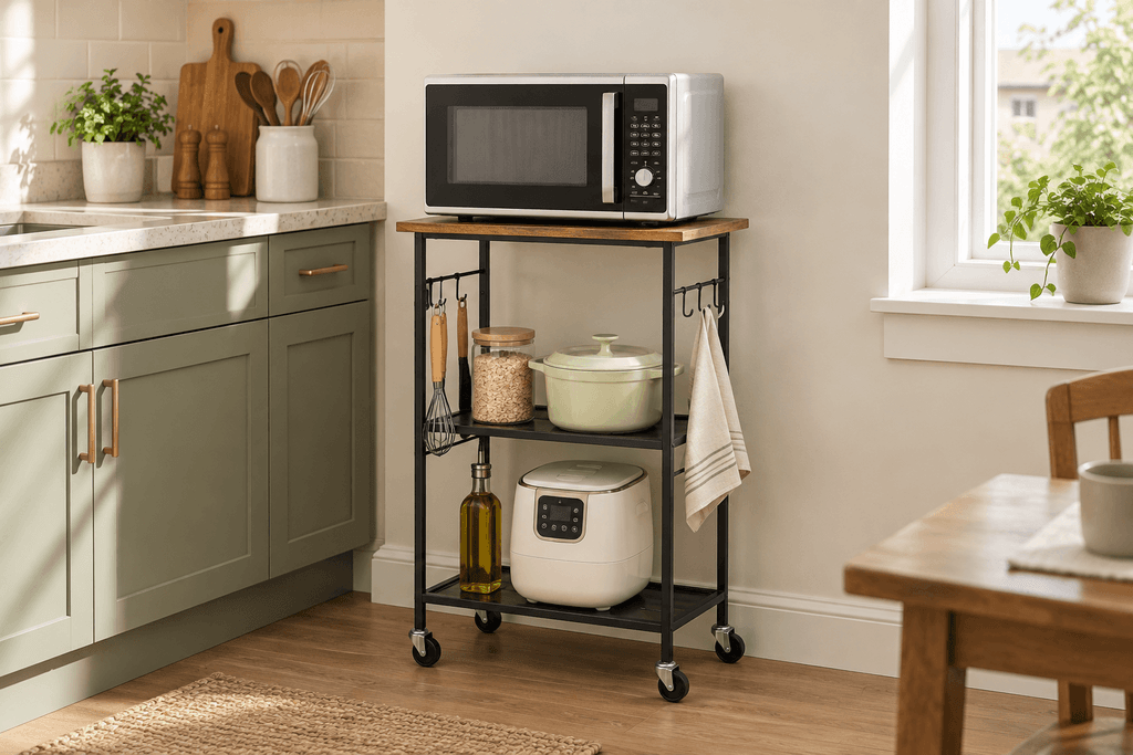 ThreeHio three-tier rolling microwave cart with a wood top and black metal shelves styled in a compact sage-green kitchen.