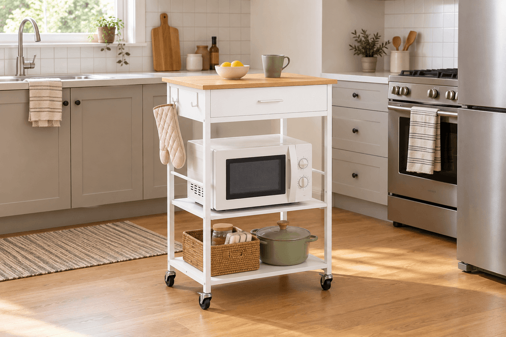 VASAGLE rolling kitchen island cart with a light wood top, white drawer and open microwave storage in a compact kitchen.