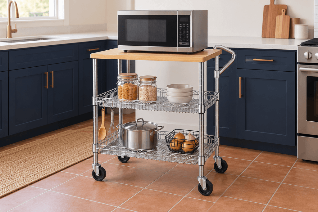 WDT heavy-duty rolling microwave cart with a bamboo top, chrome basket shelves, push handle and caster wheels in a small kitchen.