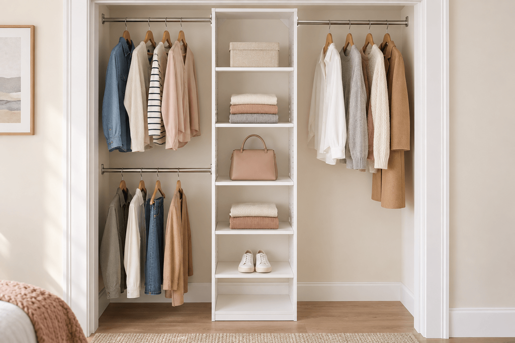 White ClosetMaid SuiteSymphony closet system styled with folded clothes, hanging garments, a handbag and shoes in a small reach-in closet.