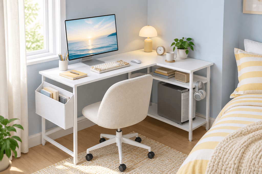 White Pamray L-shaped corner desk with open shelves, a PC tower shelf and hanging storage pocket beside a bed in a small bedroom.