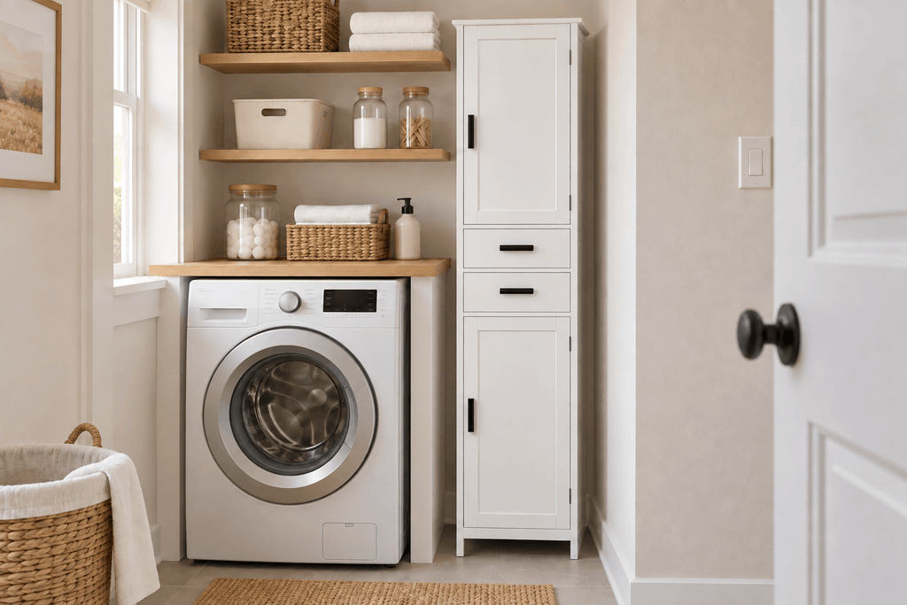 White USIKEY tall narrow storage cabinet with closed doors and two drawers beside a washing machine in a compact laundry room.