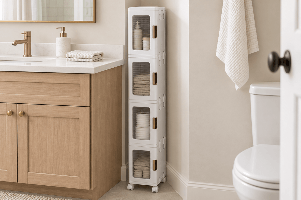 White VECELO four-tier narrow rolling storage cabinet fitted between a bathroom vanity and wall.