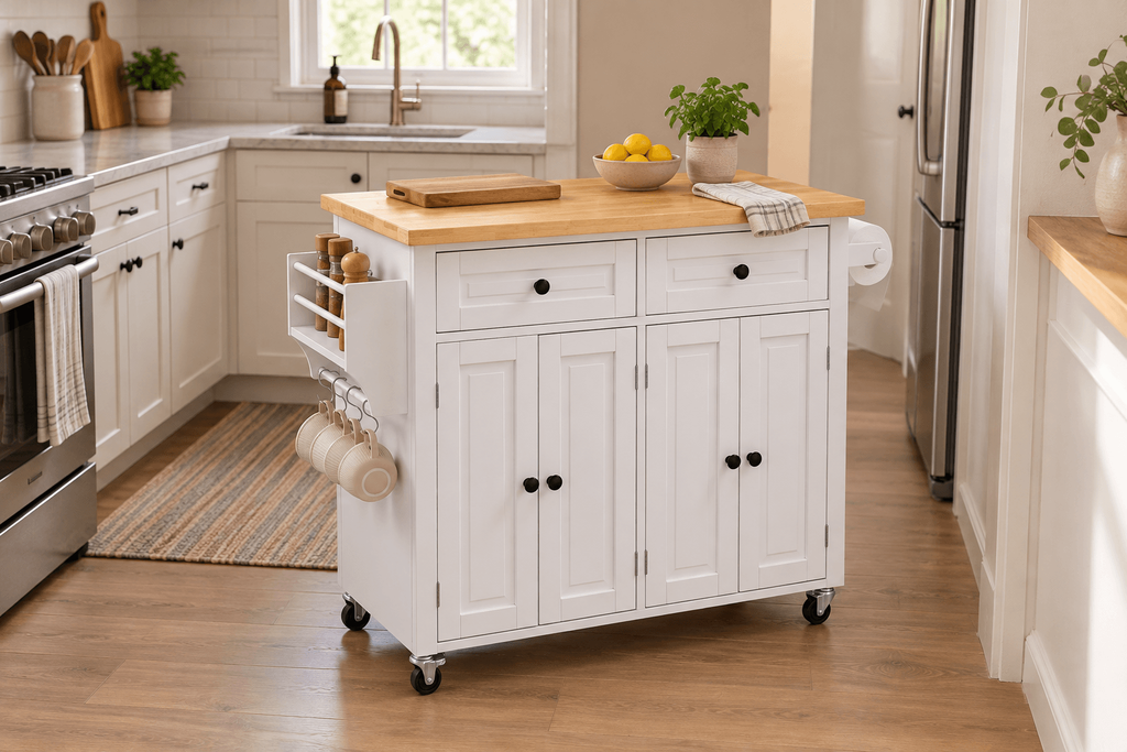 White Vevor rolling kitchen island with a wood top, drawers, cabinet storage and side racks styled in a compact kitchen.
