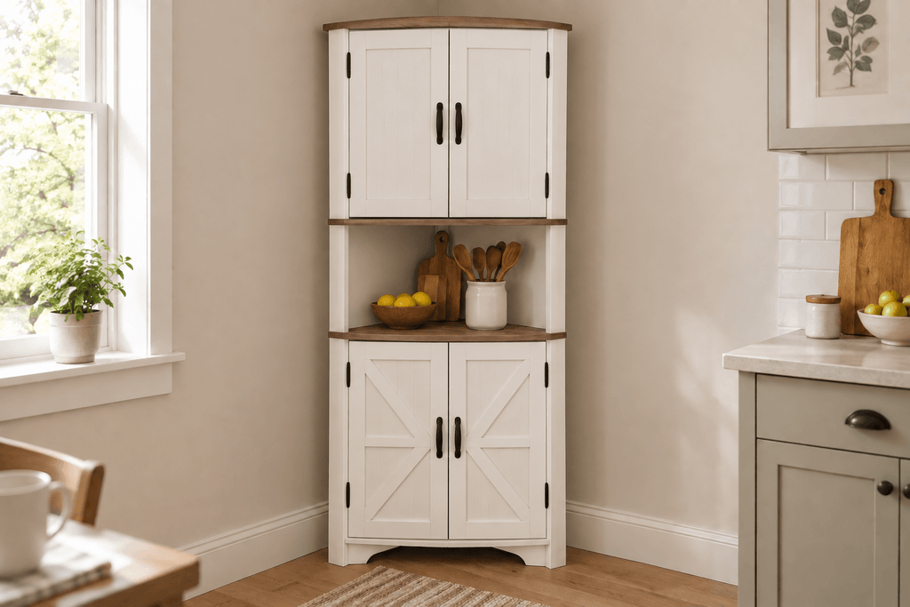 White Vabches farmhouse corner storage cabinet with closed barn-style doors in a small kitchen