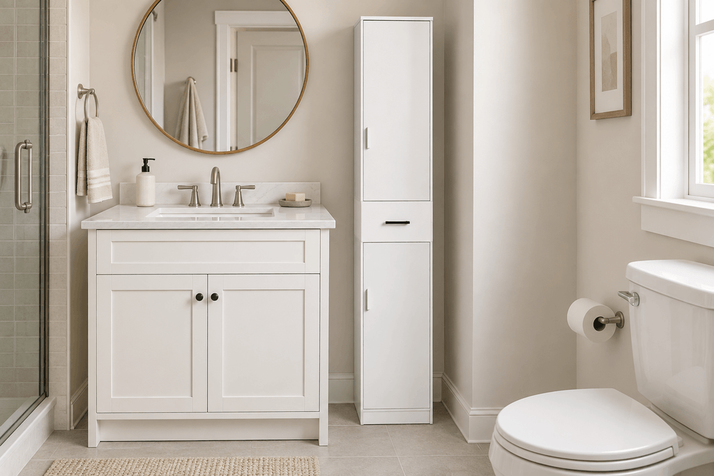 White WEENFON tall bathroom storage cabinet with closed doors and a middle drawer beside a compact vanity.