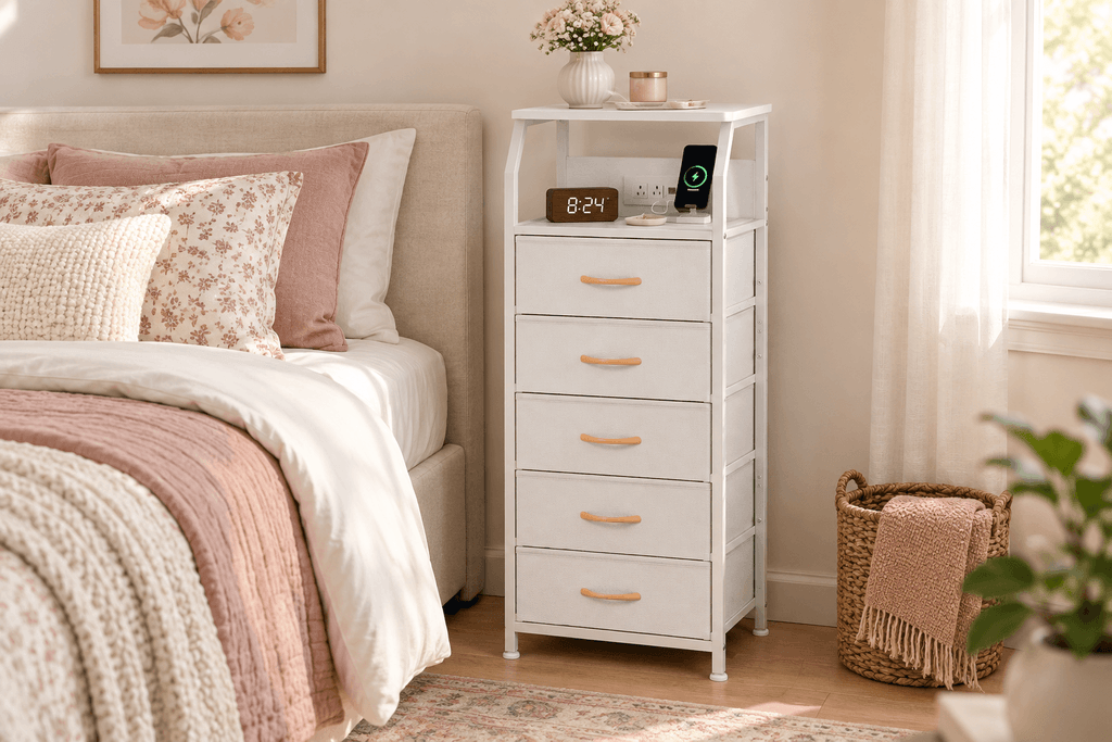 White Furnulem five-drawer narrow dresser with a built-in charging station styled beside a bed in a small bedroom.
