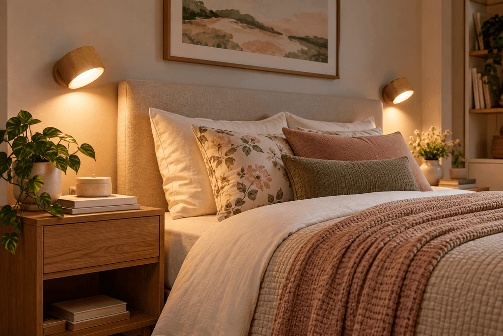 Wood-finish directional rechargeable wall sconces mounted on both sides of a bed, casting warm bedside light in a cozy small bedroom with floral bedding and wood nightstands.