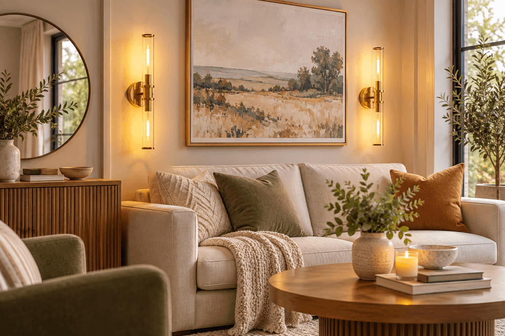 Pair of gold battery-operated wall sconces with clear tubular glass shades mounted beside artwork above a cream sofa, casting warm 3000K light in a cozy modern living room.