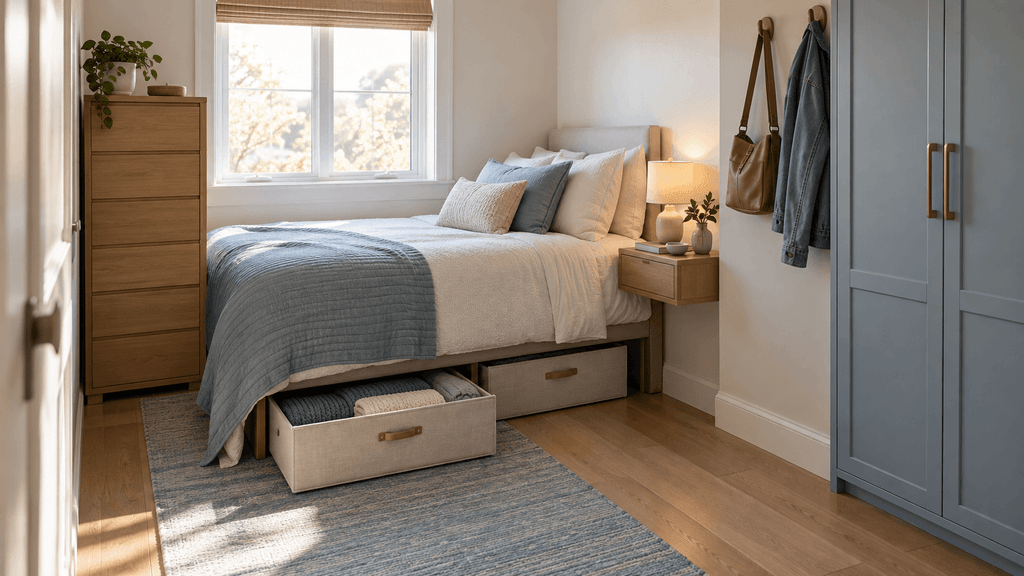 Small bedroom organized with under-bed drawers, a tall narrow dresser, wall hooks, a floating nightstand and a closed wardrobe.