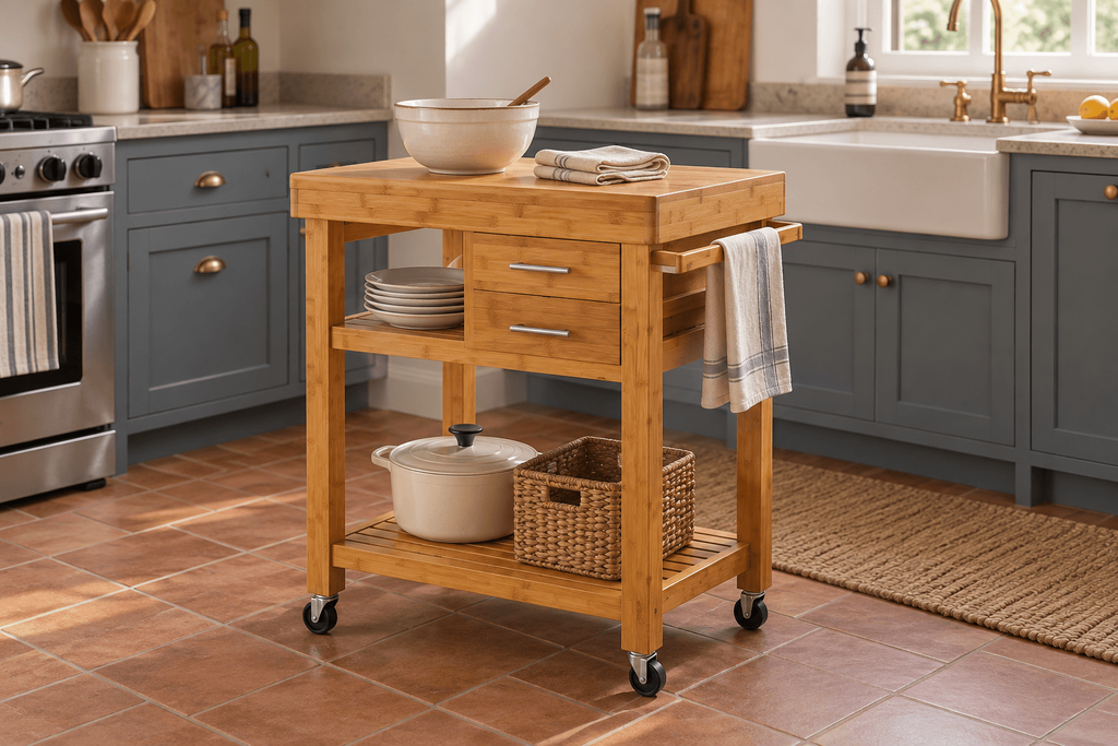 Home Aesthetics bamboo rolling kitchen island with drawers, open shelves and a butcher-block top styled in a compact blue kitchen.