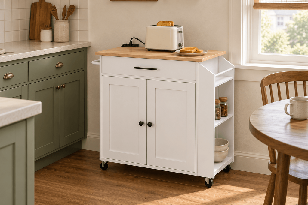 White HOOBRO rolling kitchen island with storage and a built-in power outlet used as a toaster station in a compact kitchen.